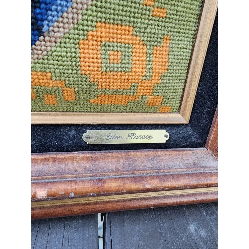 Vintage Antique Haunted Framed Needlepoint Tapestry French Blue Eyed Child Large